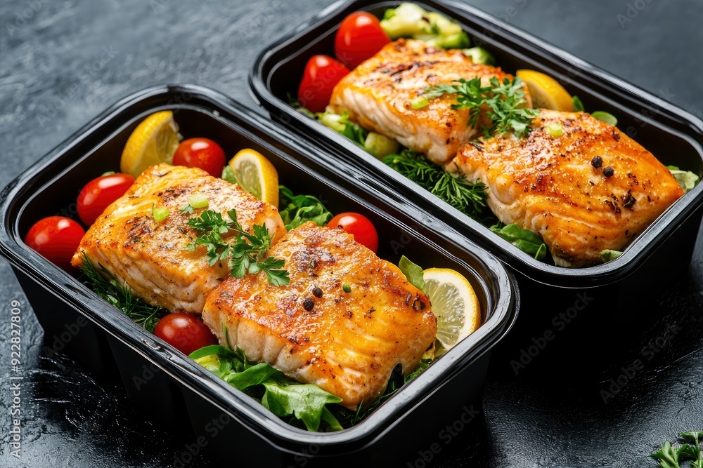 Ready healthy food catering menu in lunch boxes fish and vegetable packages as daily meal diet plan courier delivery with fork isolated on black table - generative ai Ready healthy food catering menu in lunch boxes fish and vegetable packages as daily meal diet plan courier delivery with fork isolated on black table - generative ai