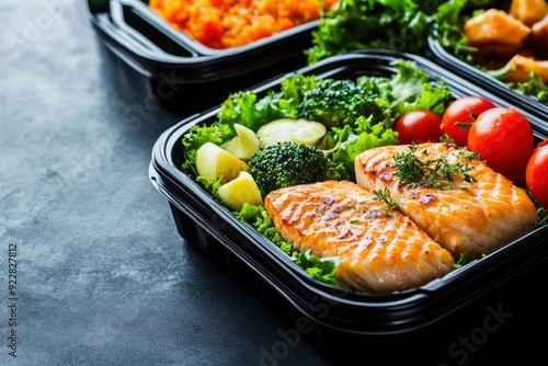 Ready healthy food catering menu in lunch boxes fish and vegetable packages as daily meal diet plan courier delivery with fork isolated on black table - generative ai