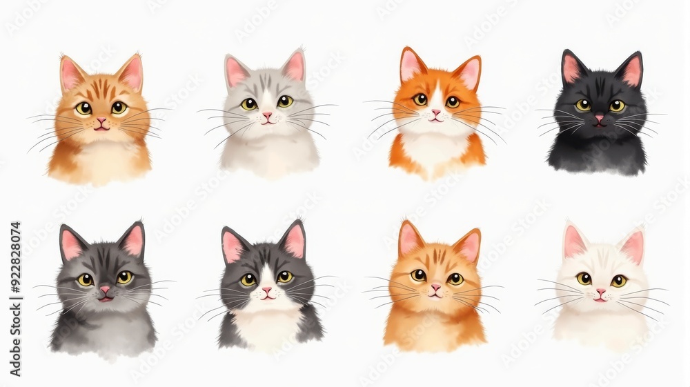 Cute Illustrated Cat Faces in Various Colors - Perfect for Pet Lovers and Graphic Resources Cute Illustrated Cat Faces in Various Colors - Perfect for Pet Lovers and Graphic Resources