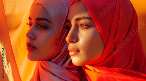 Two young beautiful girls in hijab. Muslim womans.