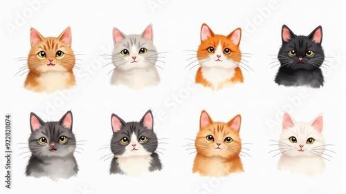 Cute Illustrated Cat Faces in Various Colors - Perfect for Pet Lovers and Graphic Resources