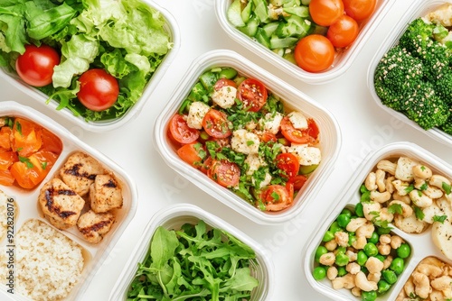 Restaurant healthy food delivery in take away boxes for daily nutrition on white background - generative ai