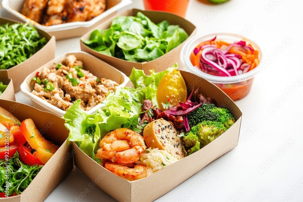 Restaurant healthy food delivery in take away boxes for daily nutrition on white background - generative ai Restaurant healthy food delivery in take away boxes for daily nutrition on white background - generative ai