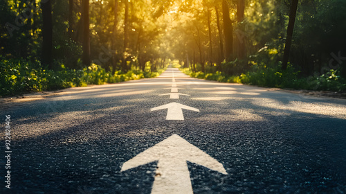 Asphalt Road Symbolism, Long, asphalted road with upward arrows. Symbolizes growth, development, success.Ideal for themes of progress, ambition, and continuous improvement. photo