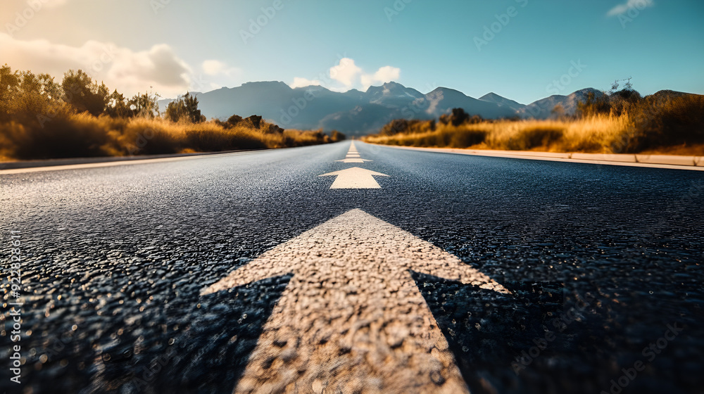 © Emongrapic - Asphalt Road Symbolism, Long, asphalted road with upward arrows. Symbolizes growth, development, success.Ideal for themes of progress, ambition, and continuous improvement.