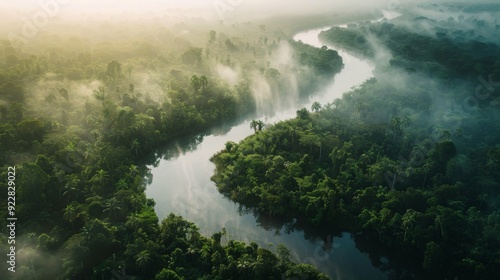 aerial views of the Amazon River on a foggy sunrise photo