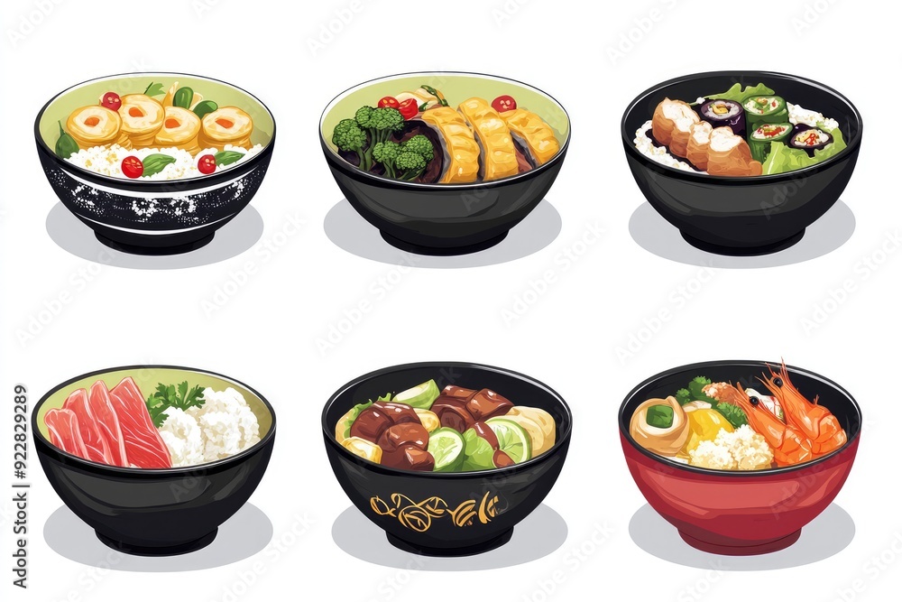 Set of bowls with tasty Chinese food on white background - generative ai Set of bowls with tasty Chinese food on white background - generative ai