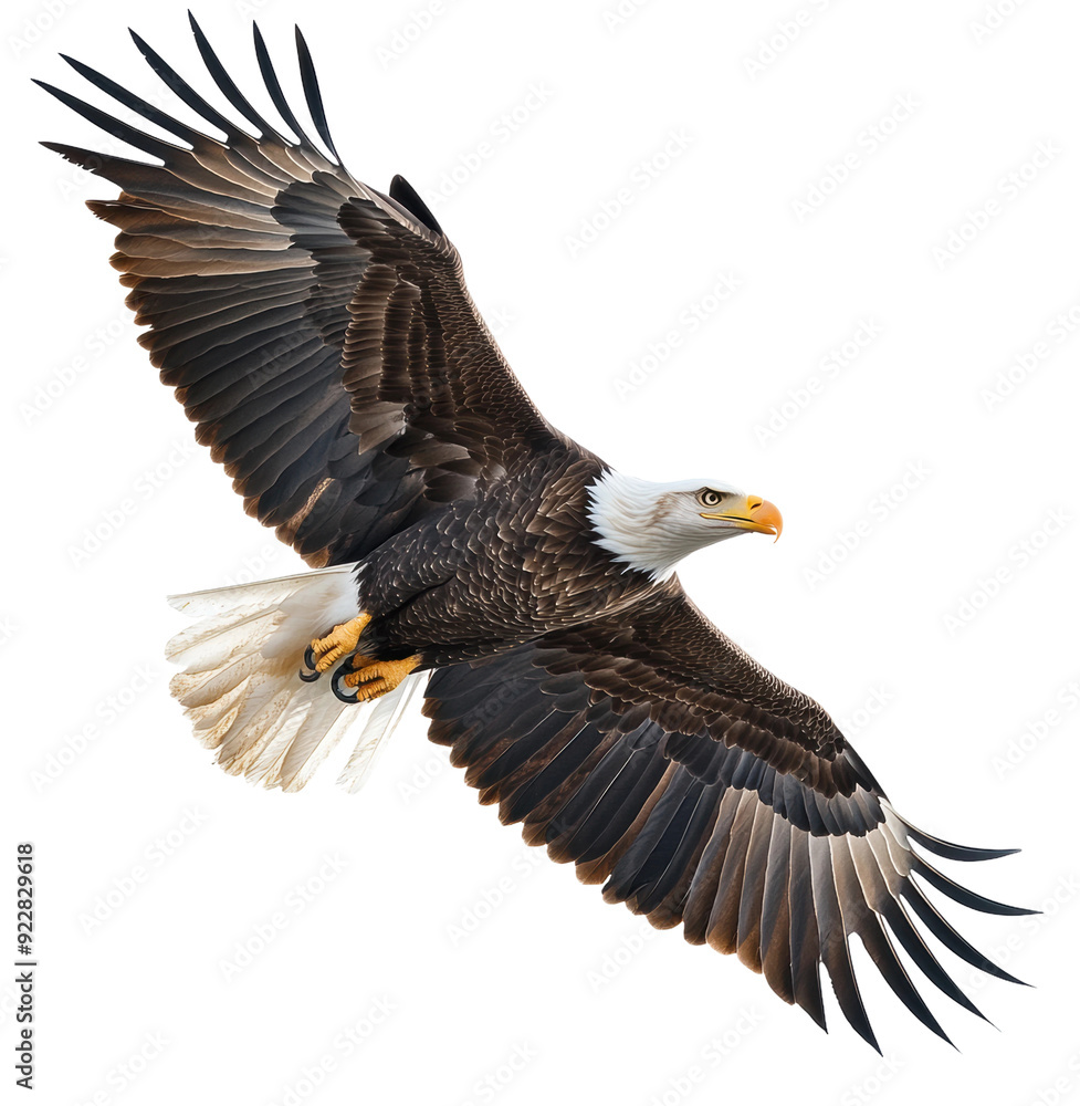 Bald eagle soaring in clear blue sky, cut out - stock png. Bald eagle soaring in clear blue sky, cut out - stock png.