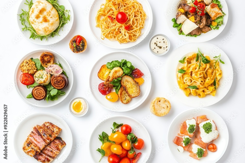 set of various plates of food isolated on a white background, top view - generative ai set of various plates of food isolated on a white background, top view - generative ai