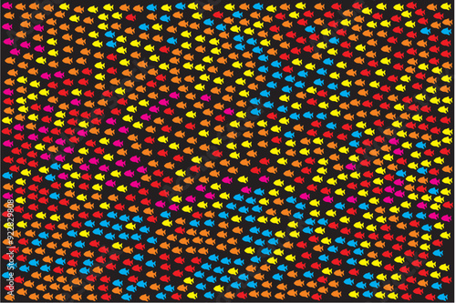 Graphic illustration black background with colorful fish