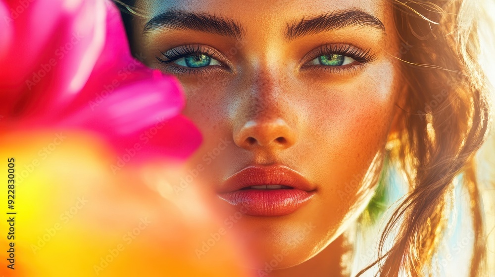 Closeup of a Woman's Face with a Flower in the Foreground. Closeup of a Woman's Face with a Flower in the Foreground.