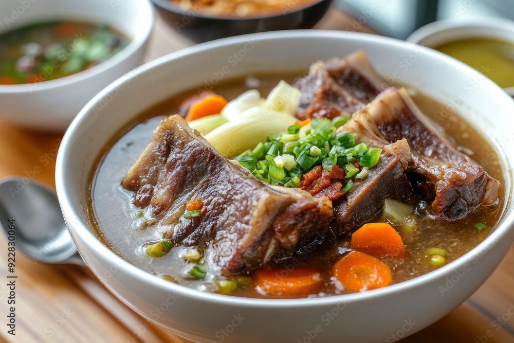 Sop Iga (Beef ribs soup) made from ribs, carrots, leeks. Served in white bowl. Indonesian food - generative ai Sop Iga (Beef ribs soup) made from ribs, carrots, leeks. Served in white bowl. Indonesian food - generative ai