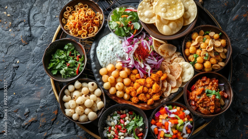 Indian street food scene featuring a busy market stall with dishes like vada pav, dosa, and samosas, surrounded by eager customers Indian street food scene featuring a busy market stall with dishes like vada pav, dosa, and samosas, surrounded by eager customers