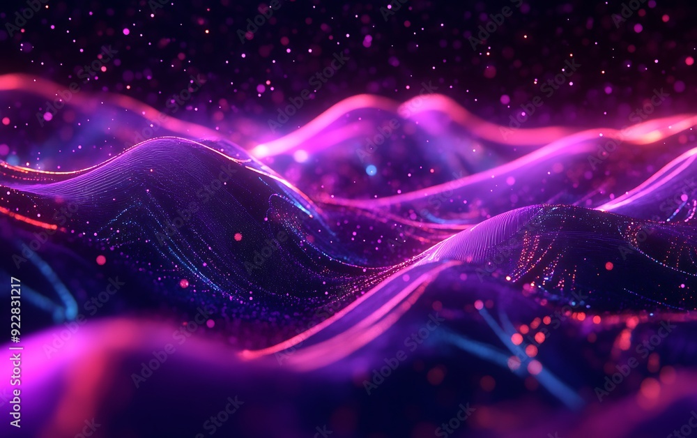 Fototapeta premium Futuristic Abstract Landscape of Floating Glowing Waveforms Representing Music in a 3D Space