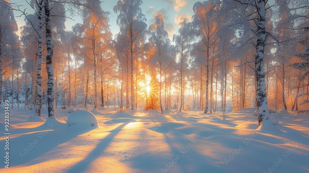 Golden Sunset Illuminating a Snow-Covered Birch Forest Golden Sunset Illuminating a Snow-Covered Birch Forest