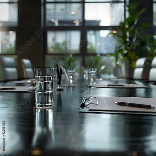 Luxury restaurant interior with black table and chairs, closeup