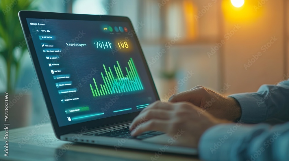 A person is typing on a laptop with a green screen displaying graphs A person is typing on a laptop with a green screen displaying graphs