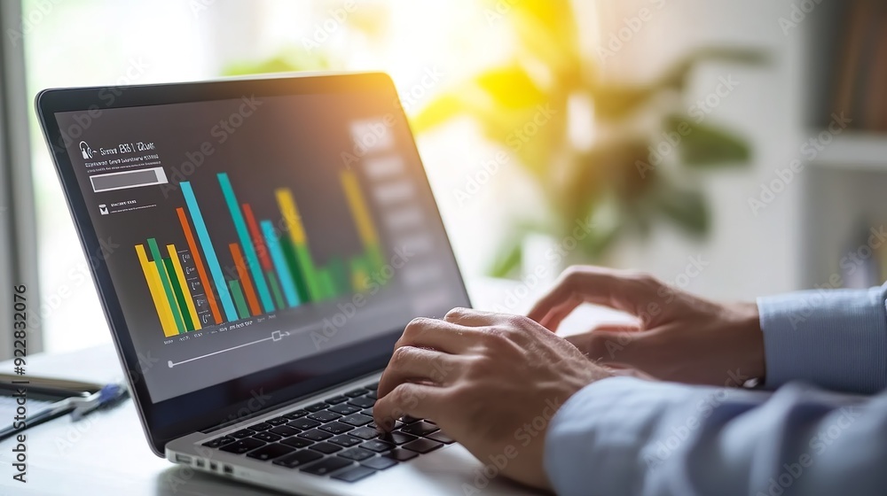A person is typing on a laptop with a graph on the screen A person is typing on a laptop with a graph on the screen