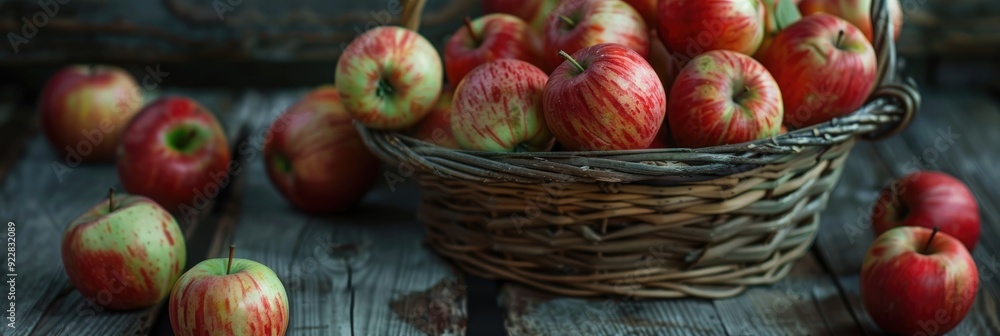 Apples placed in a basket on a weathered wooden table Apples placed in a basket on a weathered wooden table