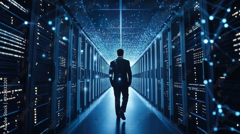 A man walks down a long hallway with many computer monitors A man walks down a long hallway with many computer monitors