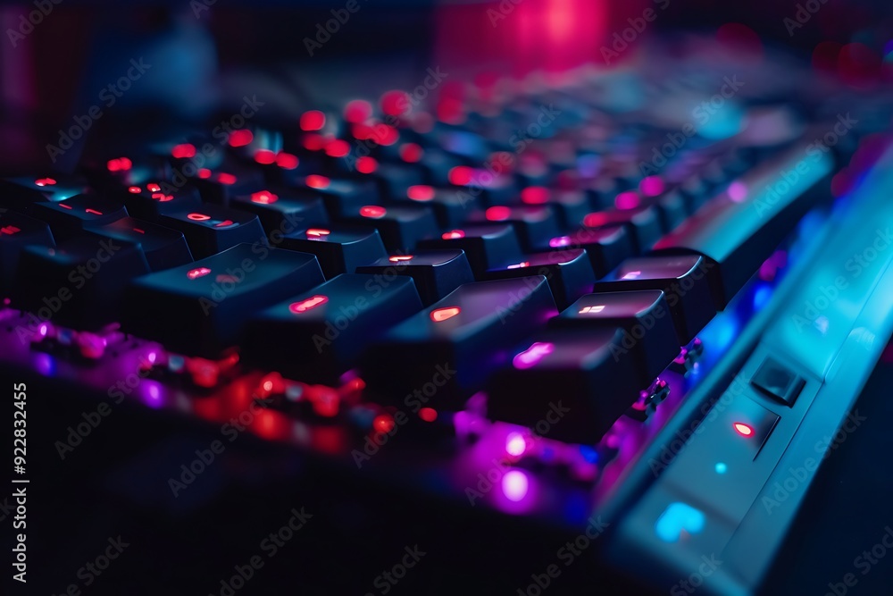 Close up of a computer keyboard with red and blue led lights. Close up of a computer keyboard with red and blue led lights.