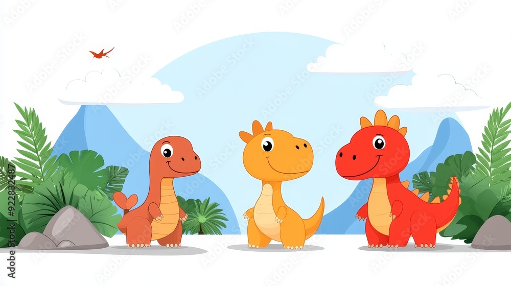 Naklejka premium Cute cartoon dinosaurs in a prehistoric setting