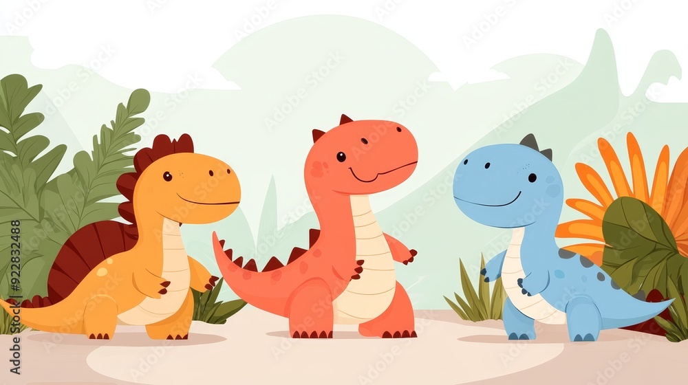 Obraz premium Cute cartoon dinosaurs in a prehistoric setting