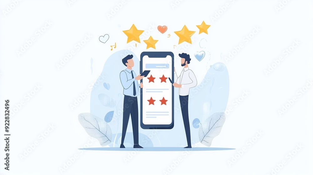 Two men are standing next to a phone with a star rating app on it Two men are standing next to a phone with a star rating app on it