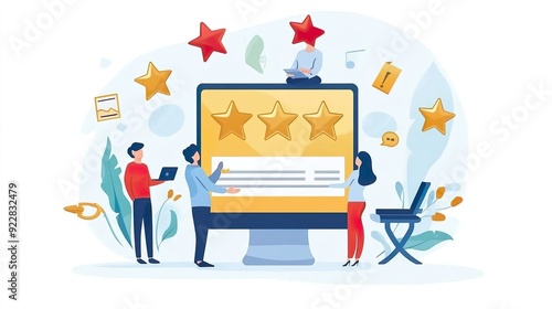 A group of people are working on a computer screen with a rating system