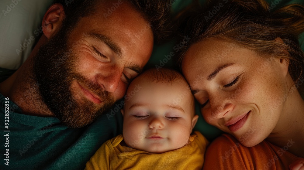 Young Parents Cuddling With Their Baby, A Tender Family Moment In Bed Young Parents Cuddling With Their Baby, A Tender Family Moment In Bed