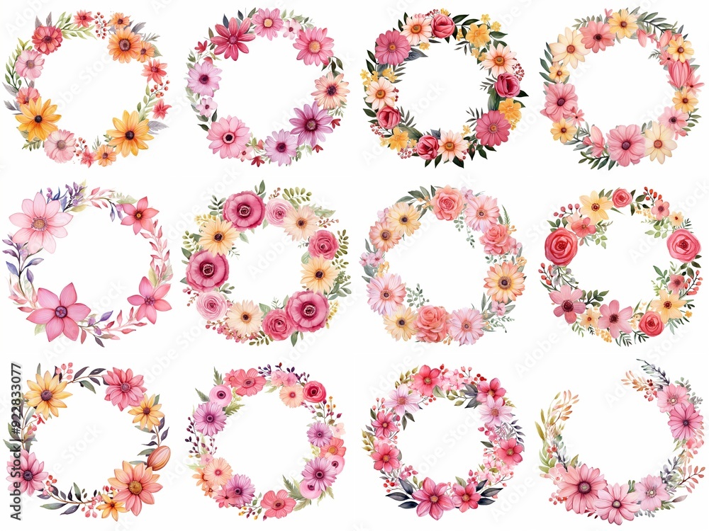Beautiful Floral Wreaths Illustration Collection with Pink and Yellow Flowers, Ideal for Invitations, Cards, and Scrapbooking Projects Beautiful Floral Wreaths Illustration Collection with Pink and Yellow Flowers, Ideal for Invitations, Cards, and Scrapbooking Projects