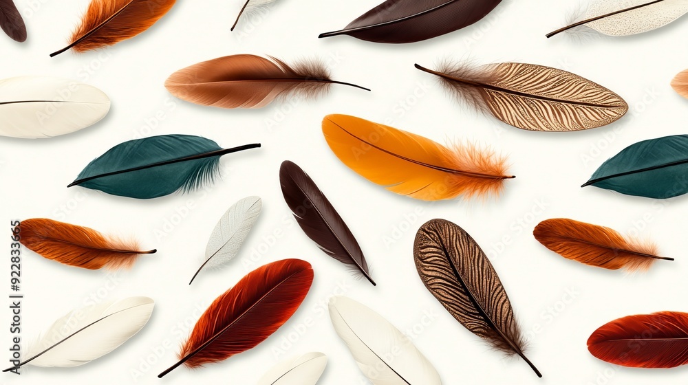 Fototapeta premium Boho-style feathers adorned with intricate tribal patterns, showcasing earth tones like ochre, sage, and burnt sienna, floating gracefully against a soft background
