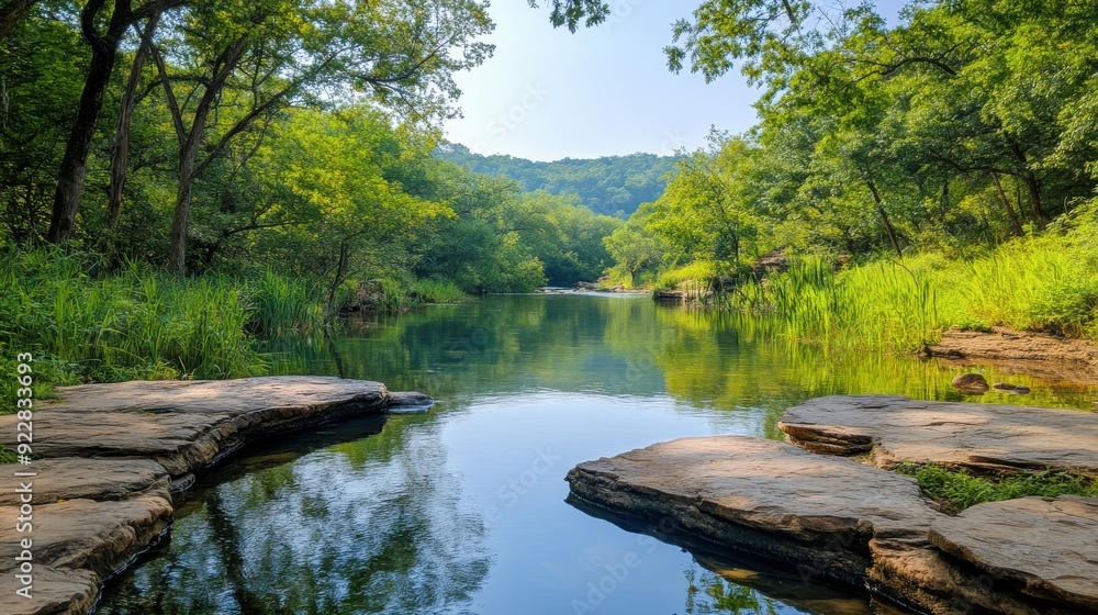 Serene River Reflecting Lush Greenery Serene River Reflecting Lush Greenery