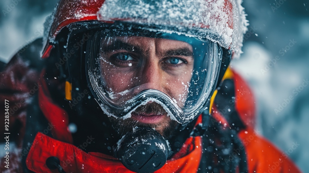 Man in red jacket and snow covered helmet looking directly at the camera. Man in red jacket and snow covered helmet looking directly at the camera.
