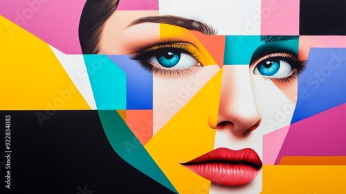 Bright, colorful pop art portrait with abstract shapes and bold lines. The face is fragmented into sections of different colors, creating a striking visual effect