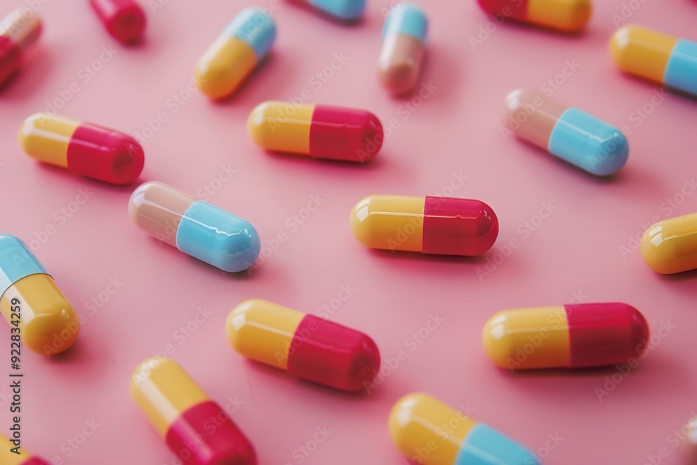 Creative pattern made of pills on pastel pink background. Flat lay, top view Creative pattern made of pills on pastel pink background. Flat lay, top view