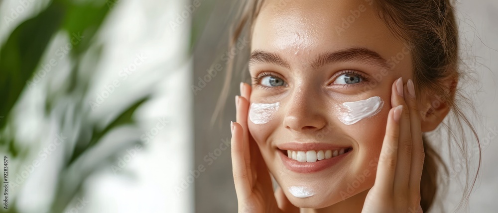 pleased girl putting cosmetic ointment on face while watching at mirror indoor. Glad female during skin care concept pleased girl putting cosmetic ointment on face while watching at mirror indoor. Glad female during skin care concept
