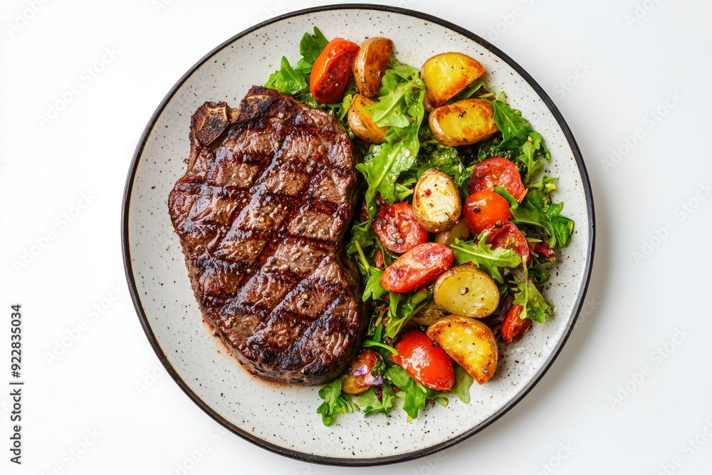 Top view of delicious grilled beef steak and rustic potatoes wedges with vegetable salad served on plate on white background - generative ai Top view of delicious grilled beef steak and rustic potatoes wedges with vegetable salad served on plate on white background - generative ai
