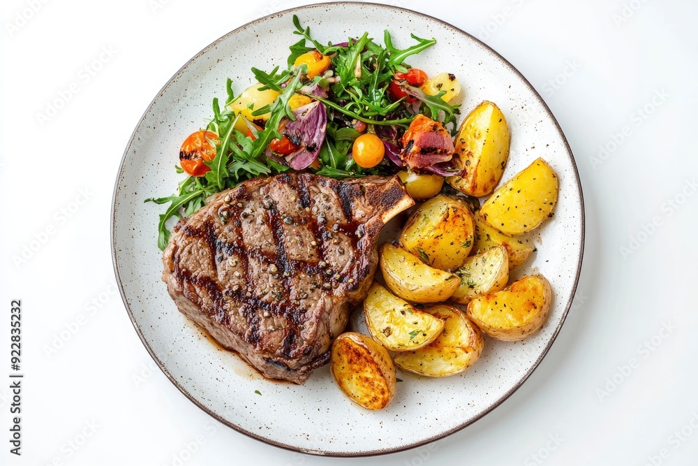 Top view of delicious grilled beef steak and rustic potatoes wedges with vegetable salad served on plate on white background - generative ai Top view of delicious grilled beef steak and rustic potatoes wedges with vegetable salad served on plate on white background - generative ai