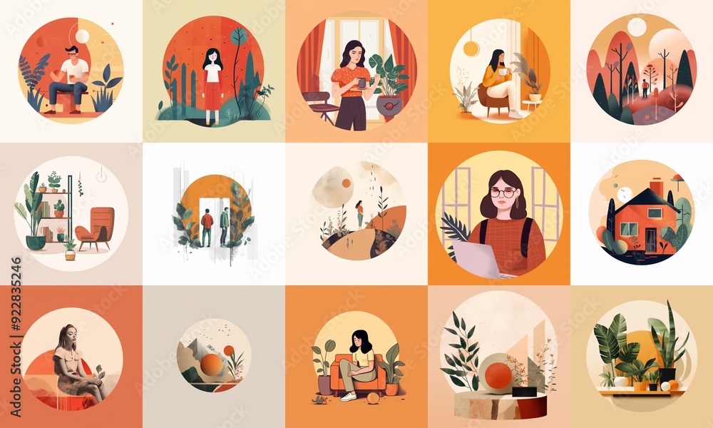 Vibrant and Modern Illustrations of People in Various Activities with Nature and Plants Vibrant and Modern Illustrations of People in Various Activities with Nature and Plants