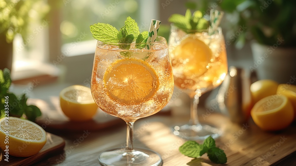 Fototapeta premium Refreshing Summer Cocktail with Lemon and Mint.
