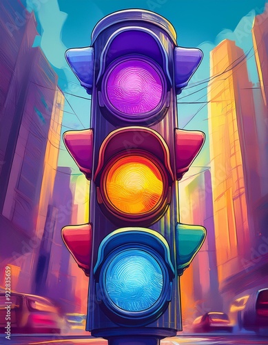 Illustration of a traffic light with different colors than usual, in this case, purple, yellow and blue. photo