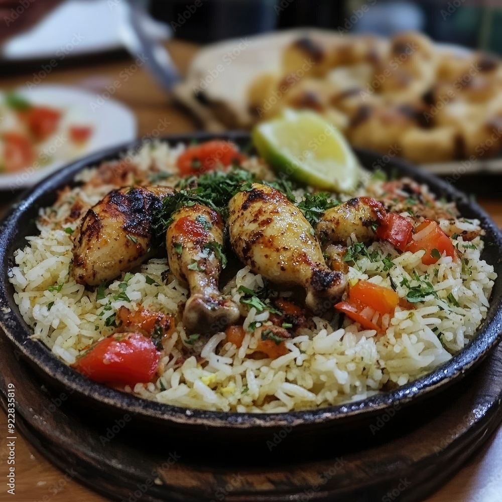 western arabic food , yemeni food. chicken with rice.- generative ai western arabic food , yemeni food. chicken with rice.- generative ai