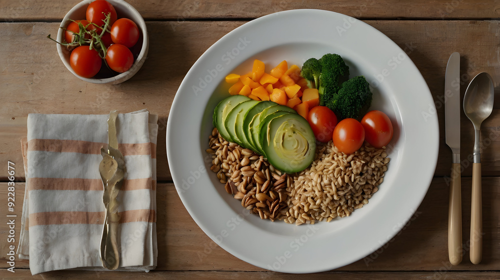 A serene table setting featuring a balanced meal with fresh, colorful vegetables, lean proteins, and whole grains, all arranged on a simple, elegant plate, Hd