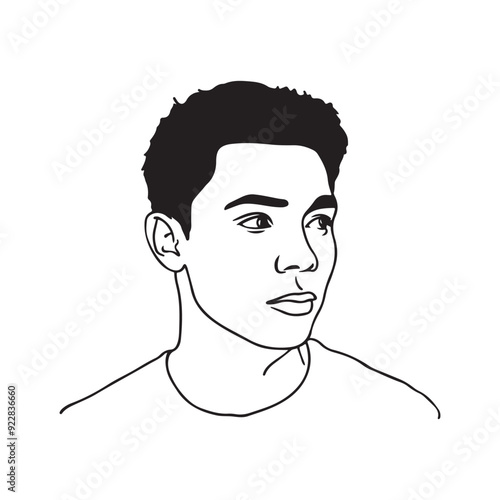 Drawing of a young man's face from his right side. The drawing is made only of one thin continous black line. black and white minimalist artwork. White background. 