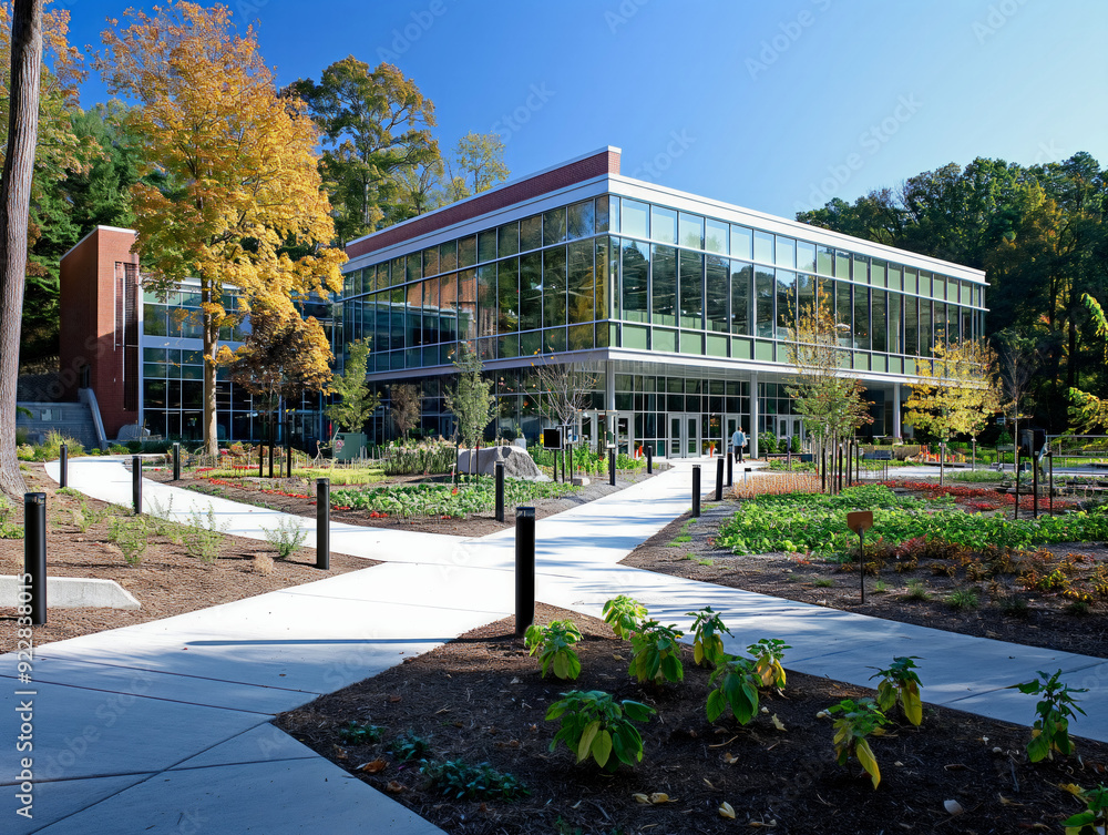 A large building with a green roof and a large glass window. The building is surrounded by trees and has a garden in front of it