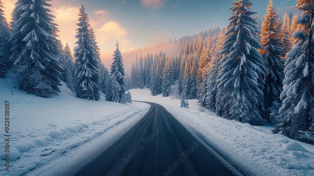 Winding Road Through Snowy Forest at Sunset Winding Road Through Snowy Forest at Sunset