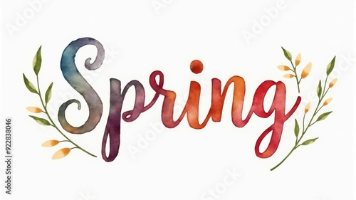 Watercolor Spring Illustration with Floral Elements and "Spring" Text