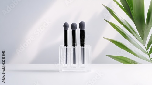 Sleek modern brush holder with individual slots, clear acrylic design, maximizes space by stacking vertically, minimalist aesthetics, perfect for vanity organization photo