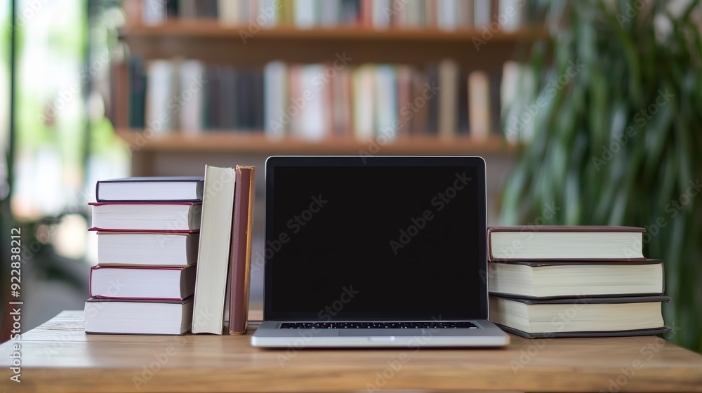 Modern Workspace with Books and Laptop Modern Workspace with Books and Laptop